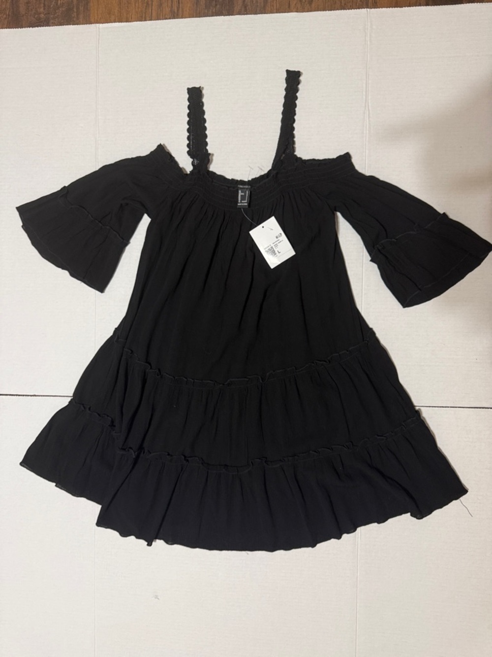 Forever 21 Black Off-Shoulder Tiered Dress with Braided Straps ptp14 L32